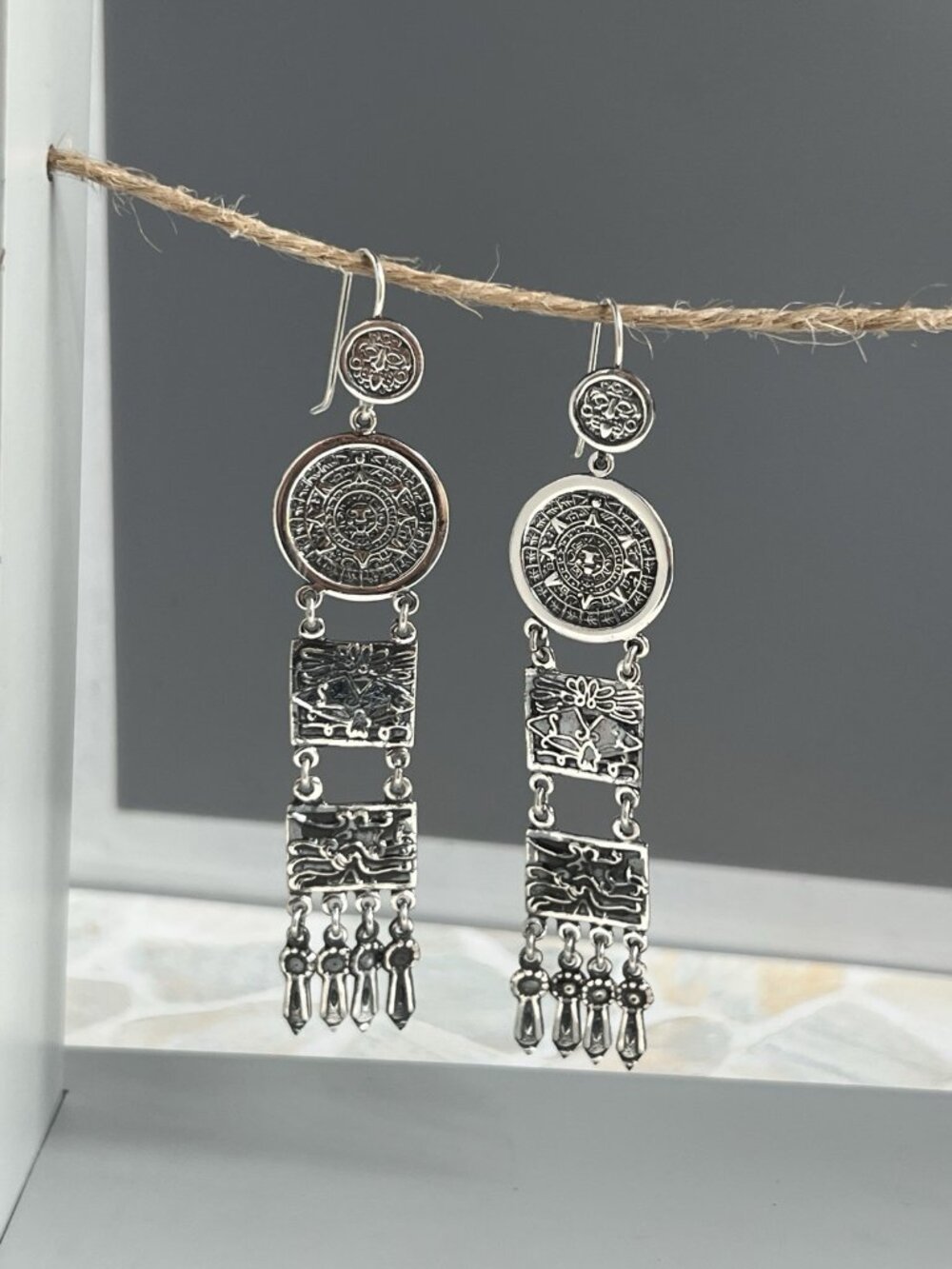 Handcrafted Mexican 925 Sterling Silver Aztec Calendar Dangle Earrings